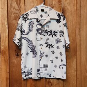 Rfausntiy Black White Short Sleeve Button Down Shirt Paisley Tribal, Medium